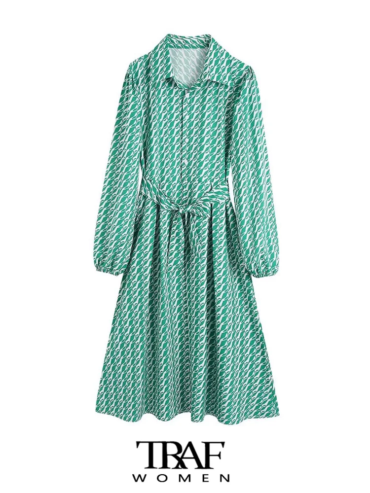 

TRAF Women Fashion With Belt Printed Midi Dress Vintage Long Sleeve Button-up Female Dresses Vestidos Mujer