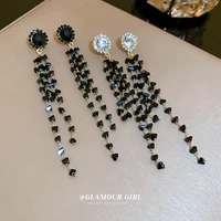 2022 trendy crystal black drop earrings for women girls korean fashion tassel long dangle earring wedding jewelry gift wholesale