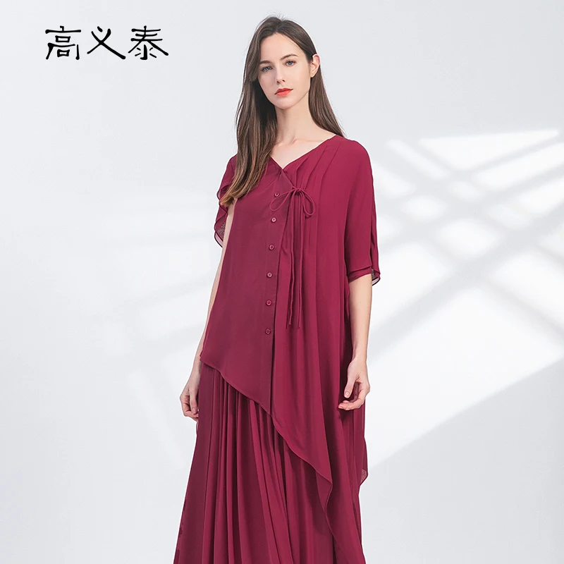 

High End Heavy Silk Asymmetrical Georgette Flying Sleeves Blouses Oblique Swing Organ Pleats V-Neck Burgundy Shirt Summer BY115