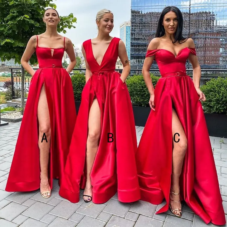 

Sexy Red Bridesmaid Dresses A Line Deep V-Neck Floor-Length Satin Pockets Thigh-High Slits long Wedding Party Events