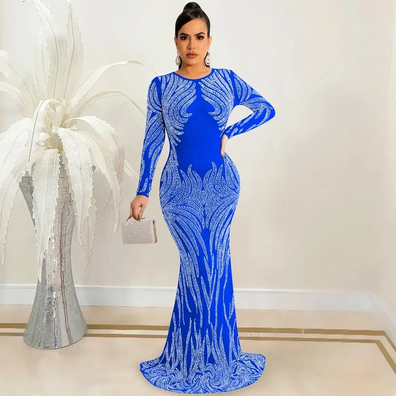 

Wepbel Night Club Bodycon Dress Sexy Rhinestone Mesh See-through Long Sleeve Dress for Women O-neck Maxi Long Dress Vestidos