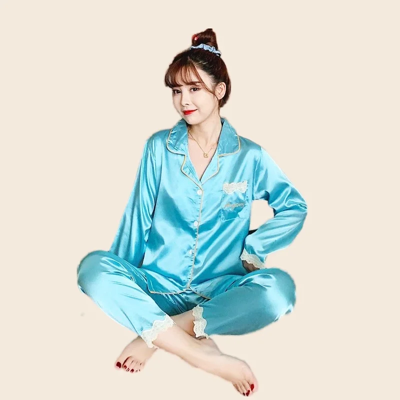 Women's Sexy Lace Pajamas Set Full Sleeve T-shirt Long Pants 2Piece/Set Cozy Silk Pyjama Mom Homewear Plus Size Rayon PJS