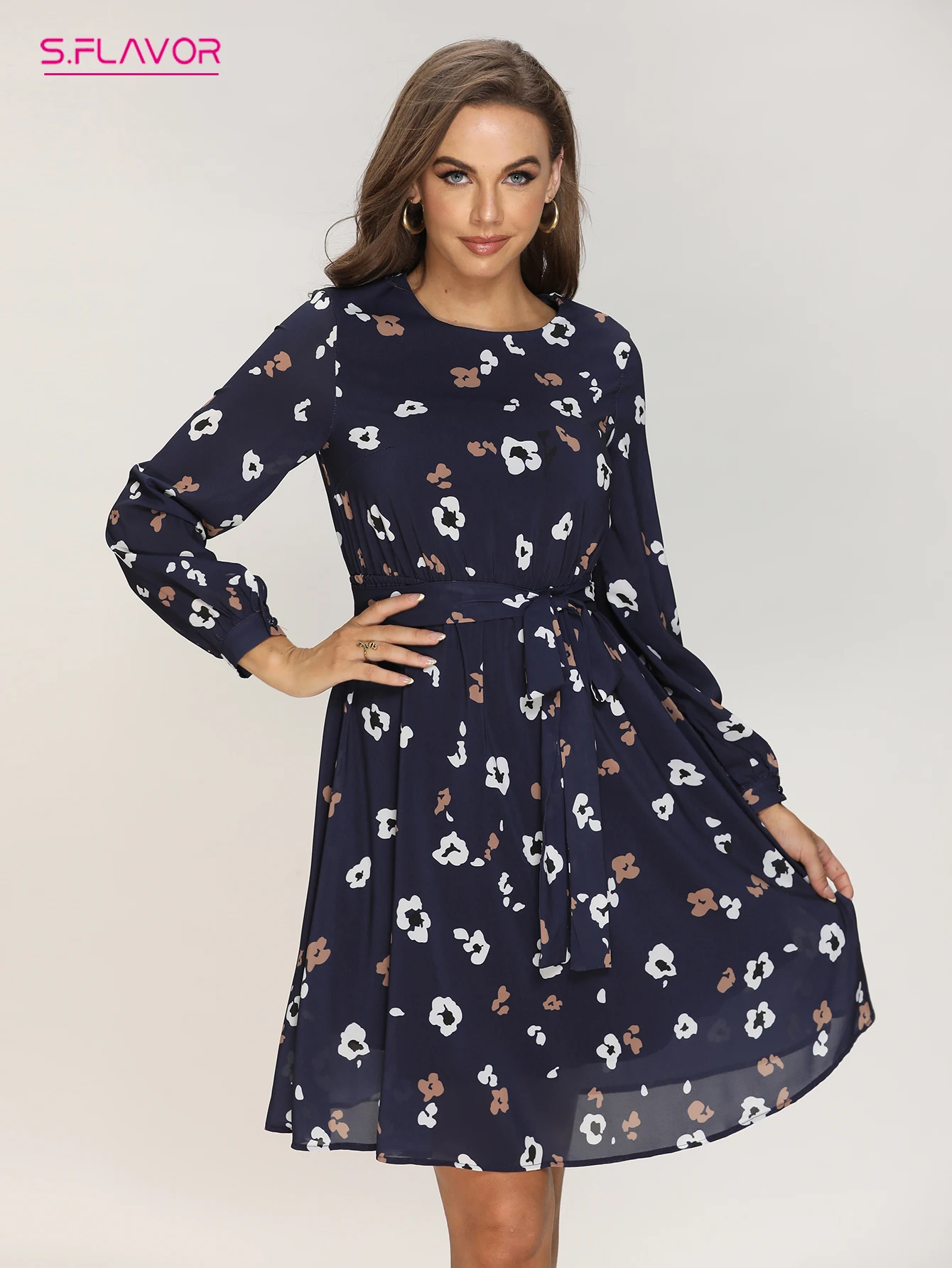 

S.FLAVOR Spring Vintage Long Sleeve A-Line Dress Women O-Neck Floral Print Knee-Length Casual Dress Elegent Party Vestidos