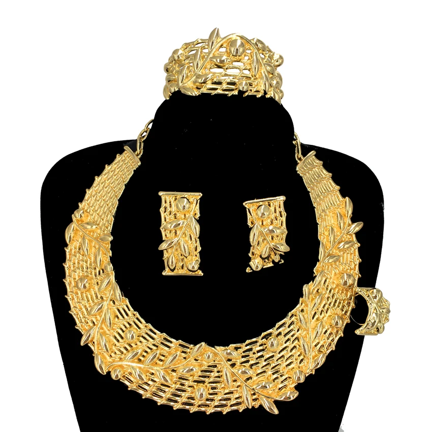 

New Exquisite Italian Gold Jewelry Set Unique Women Big Style Hot Sale Latest Design Necklace 4 Pieces Jewellery Set FHK13629