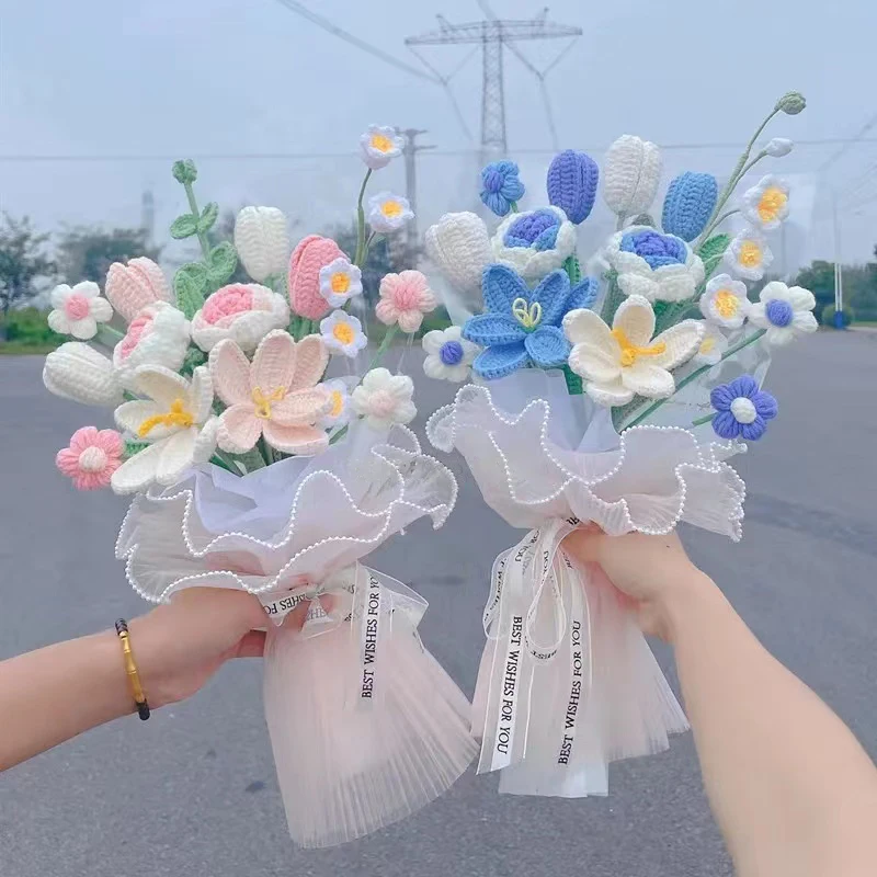 

Finished Knit Flowers Bouquet Knitting Rose Tulip Fake Flowers Wedding Decoration Hand-woven Home Decorate Manual Flower Gift