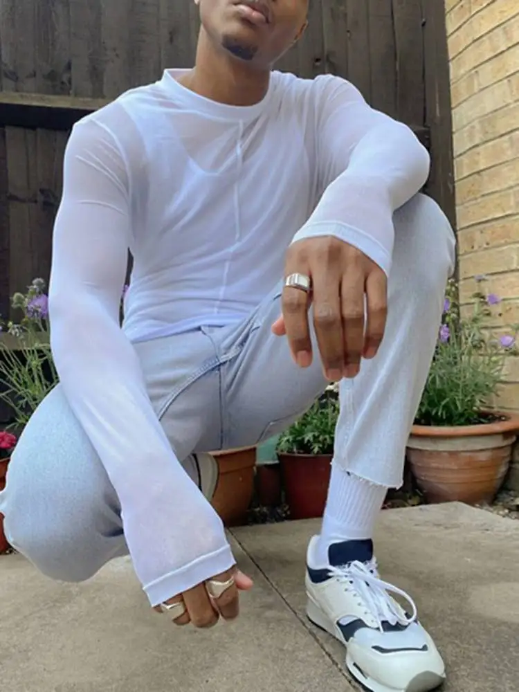 

INCERUN Мужская футболка с круглым вырезом и длинным рукавом, сетчатая прозрачная мода 2021, топы, сексуальная уличная одежда, однотонные повседн...