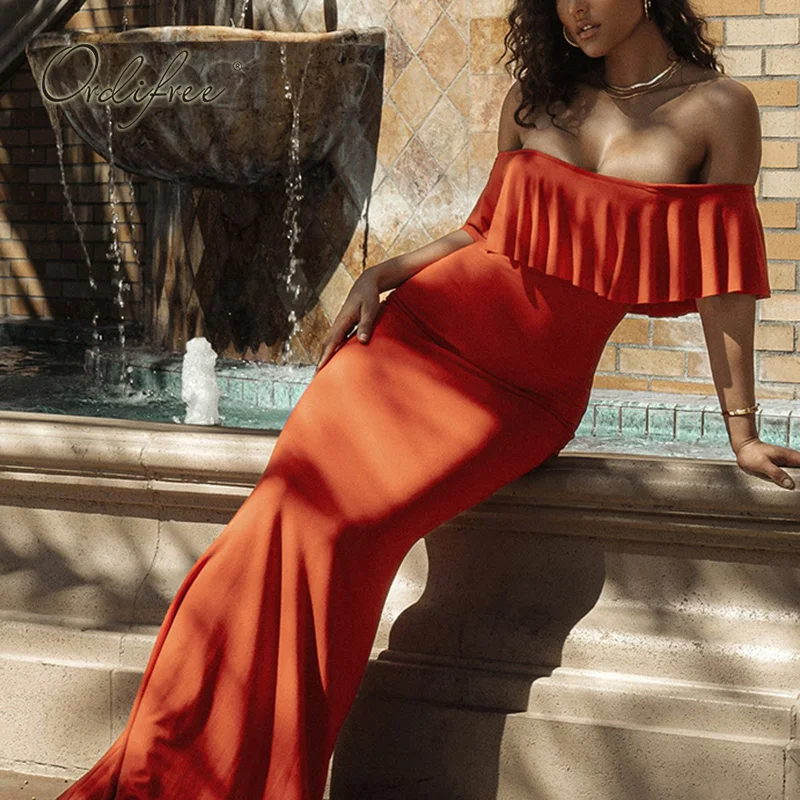 

Ordifree 2022 Summer Women Ruffle Maxi Dress Off Shoulder Slash Neck Elegant Lady Long Evening Dresses