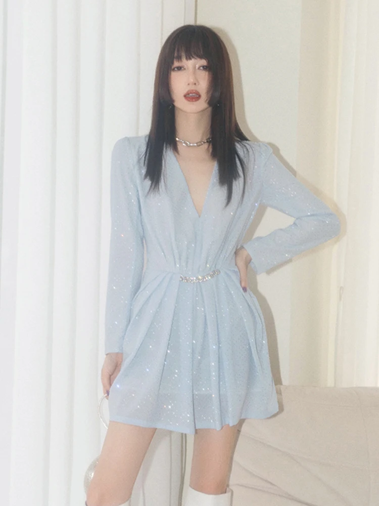 

Design Sexy V-Neck Shiny Hot Diamonds Chain Waist High Waist Long Sleeve Dress Women's New Fashion Loose Swing Puff Skirt