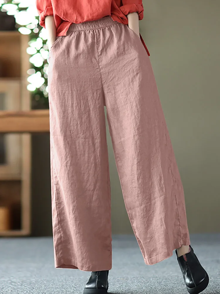 

2022 ZANZEA винтажные женские летние однотонные свободные брюки с эластичной резинкой на талии повседневные рабочие брюки большого размера, хло...