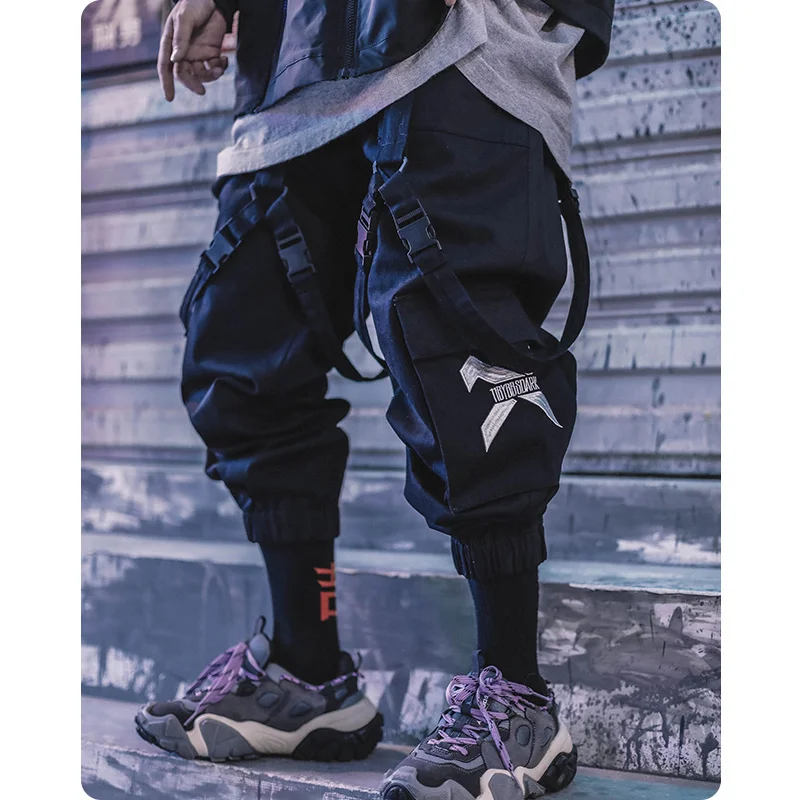 

Men's clothes Multi war zone functional wind legged pants large pocket casual Ribbon Harajuku fashion Overalls Street dress