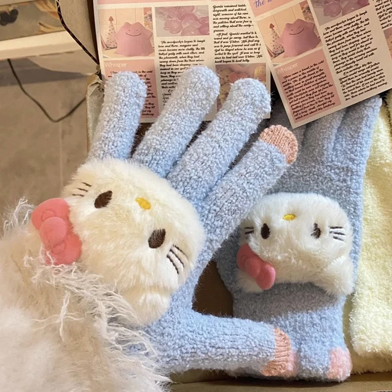 

Kawaii Sanrio Anime Glove Cute Hello Kitty Winter Five Finger Glove Thickening Windproof Cold Prevention Sweet Gifts for Girls