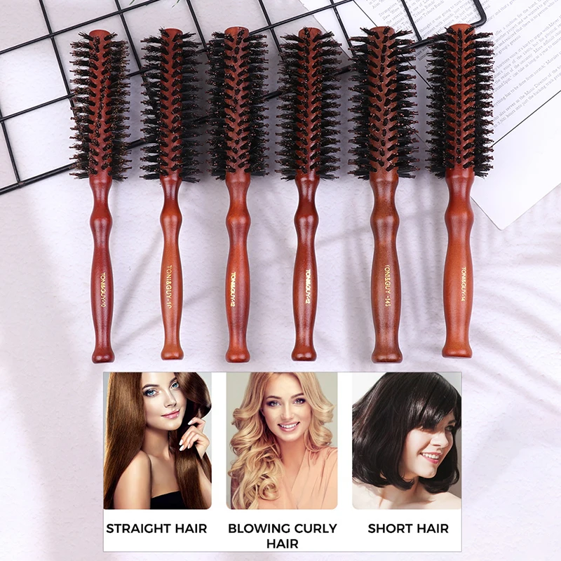 

Straight Twill Hair Comb Boar Bristle Rolling Brush Dryer Curling Roll Hairbrush Natural Wooden DIY Hairdressing Styling Tool