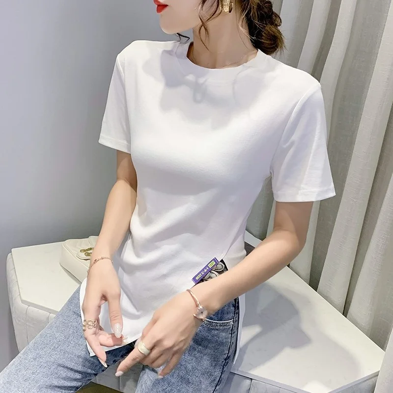

#6158 Summer Asymmetrical T Shirt Women Cotton Casual Skinny T Shirt Female O-neck Streetwear Tshirt Side Split Tee Shirt Femme