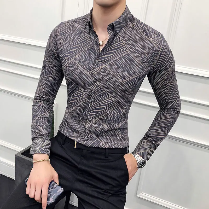 

Fashion Long Sleeve Shirt Oversized Casual Trend All-match Men’s Shirt Print Block Pattern Summer Beach Loose Blouse V113