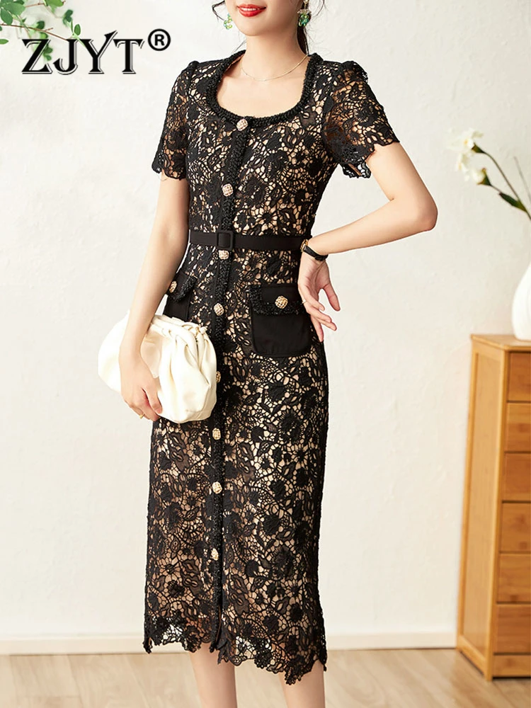 

ZJYT Hollow Crochet Black Lace Party Dress for Women 2023 Summer Short Sleeve Elegant Luxury Midi Vestidos Sexy White Pink Robe