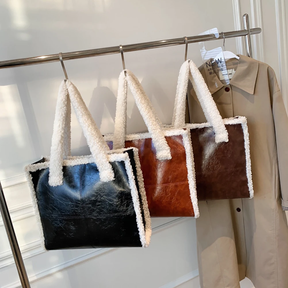 

Женская плюшевая шерстяная сумка ягненок, Повседневная Дамская сумка, Сумки из искусственной кожи с ручками сверху, пушистая универсальная...