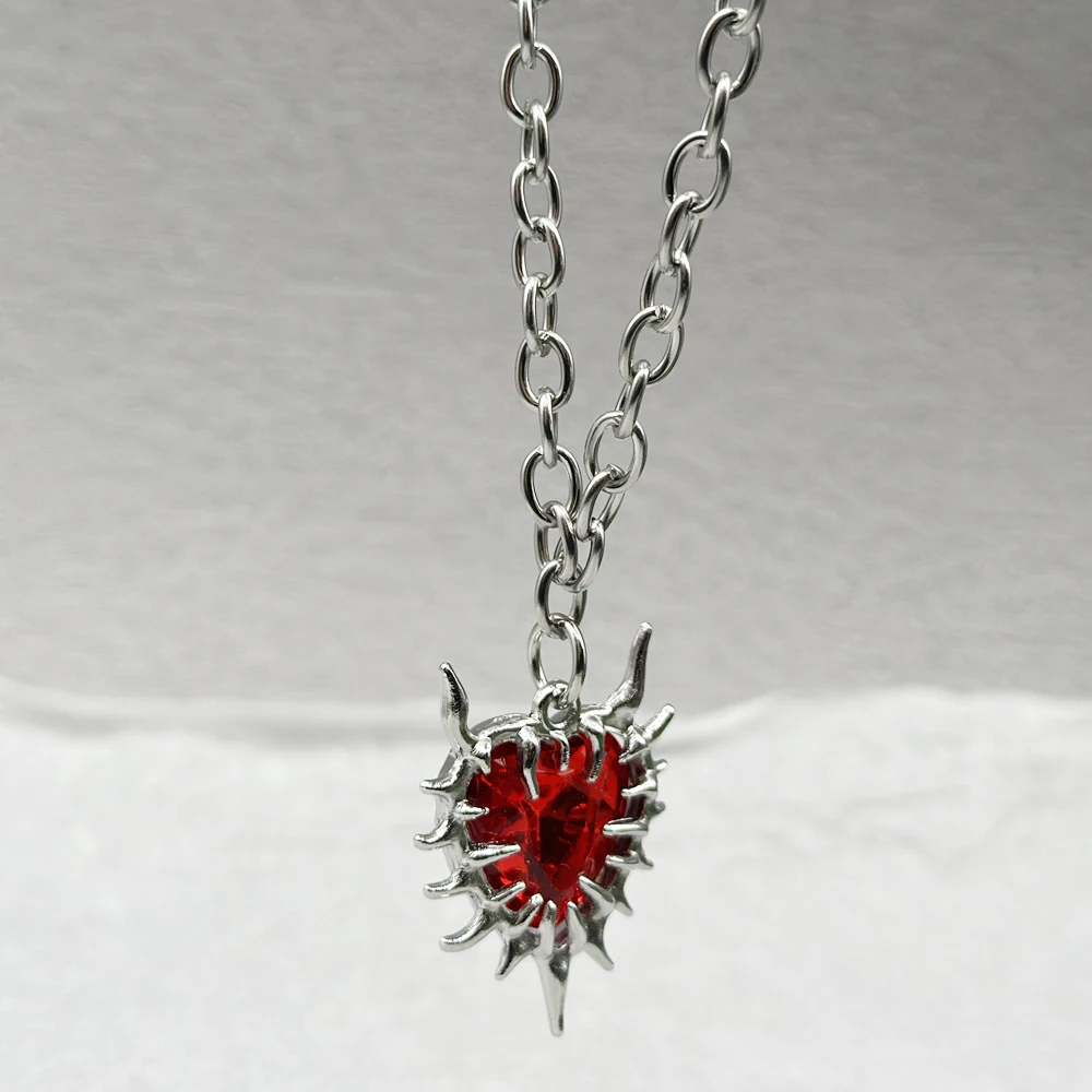 Y2K Gothic Spiky Red Glass Heart Pendant Necklace for Women Punk Grunge Liquid Metal Thorn Spiked Gift Her