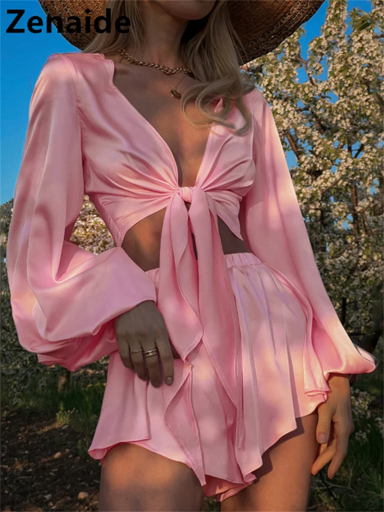

Zenaide 2022 Summer Pink Long Sleeve Crop Blouse Top And Shorts Elegant Party Club Two Piece Set Sexy Beach Satin Women Outfits