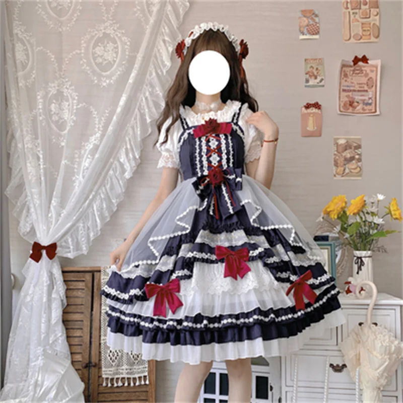 

HAYA Japanese Maid Cos Lolita Short-sleeved Rose Heart Knot Jsk Suit Lolita Dress Sweet Style Cute Dress Summer Lolita Dress