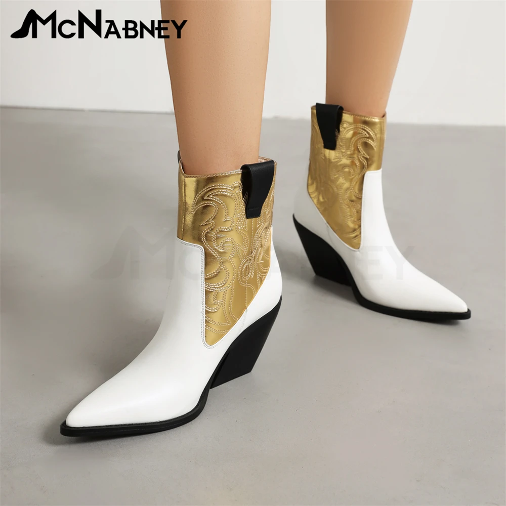 Купи Wedge Western Cowboy Boots Gold Trim Ankle Boots Vintage British Style Women's Shoes Classic Autumn and Winter Low Boots Sale за 4,859 рублей в магазине AliExpress