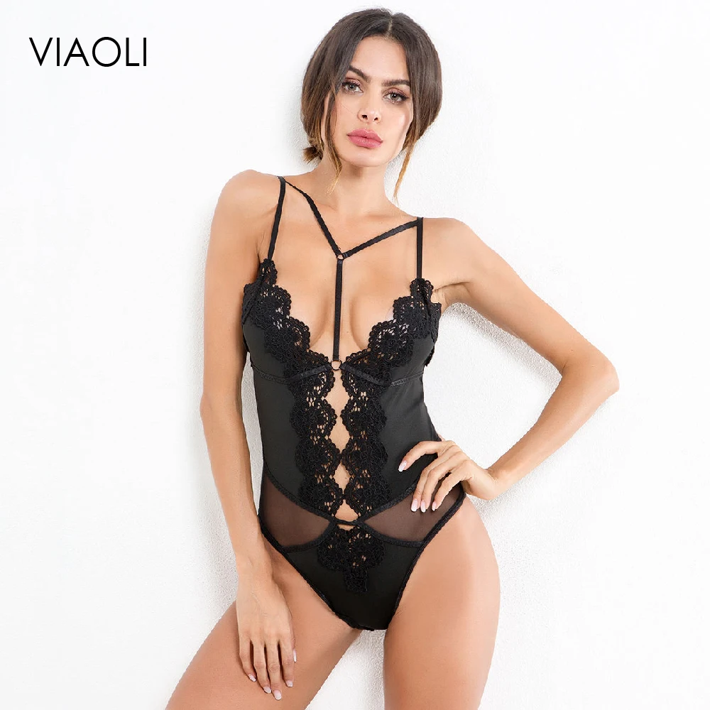 

New Design Lace Patchwork Embroidery Sexy Women Lingerie Bodysuit Hang Neck Women Sexy Bodysuit Stripper Clothes Sexy Nightwear