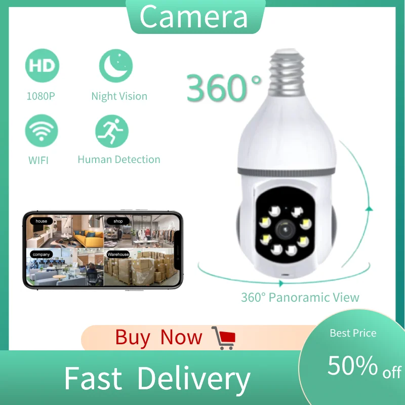 

Беспроводная IP-камера 1080P с Wi-Fi, PTZ, панорамная камера с обнаружением человека на 360 °, домашняя камера ночного видения, радионяня, лампочка E27