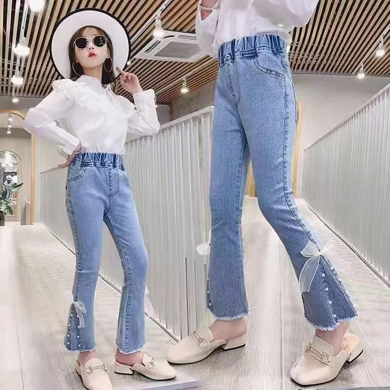 

Denim Pants for Teenage Girls Jeans Spring Autumn Fashion Casual Loose Blue Bow Kids Leg Pearl Wide Pants Children Trousers