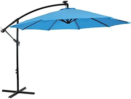 

Cantilever Umbrella with Solar LED Lights - Polyester Shade/Steel Pole - Air Vent and Cross Base - Smoke