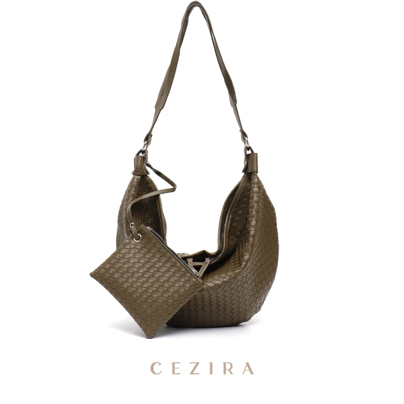 

CEZIRA Fashion Handmade Woven Handbags For Women PU Vegan Leather Luxury Design Large Hobo with Zip Purse Casual Shoulder Bags