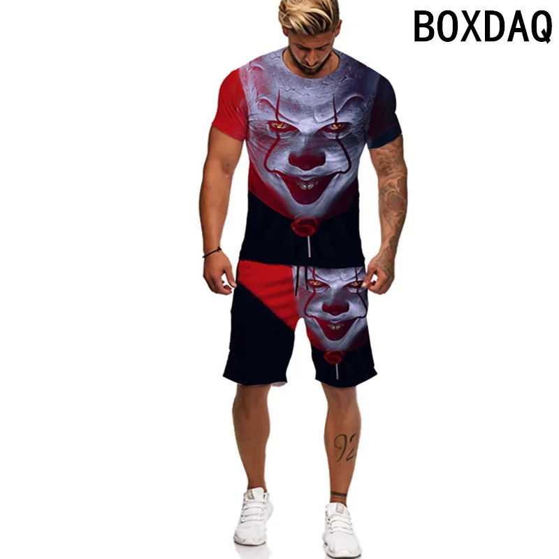 

3D Horror Movie Skull Print Men Suit Funny Streetwear Personality Two Piece Set Big Size Men Summer Short Sleeve Tee Shorts Set