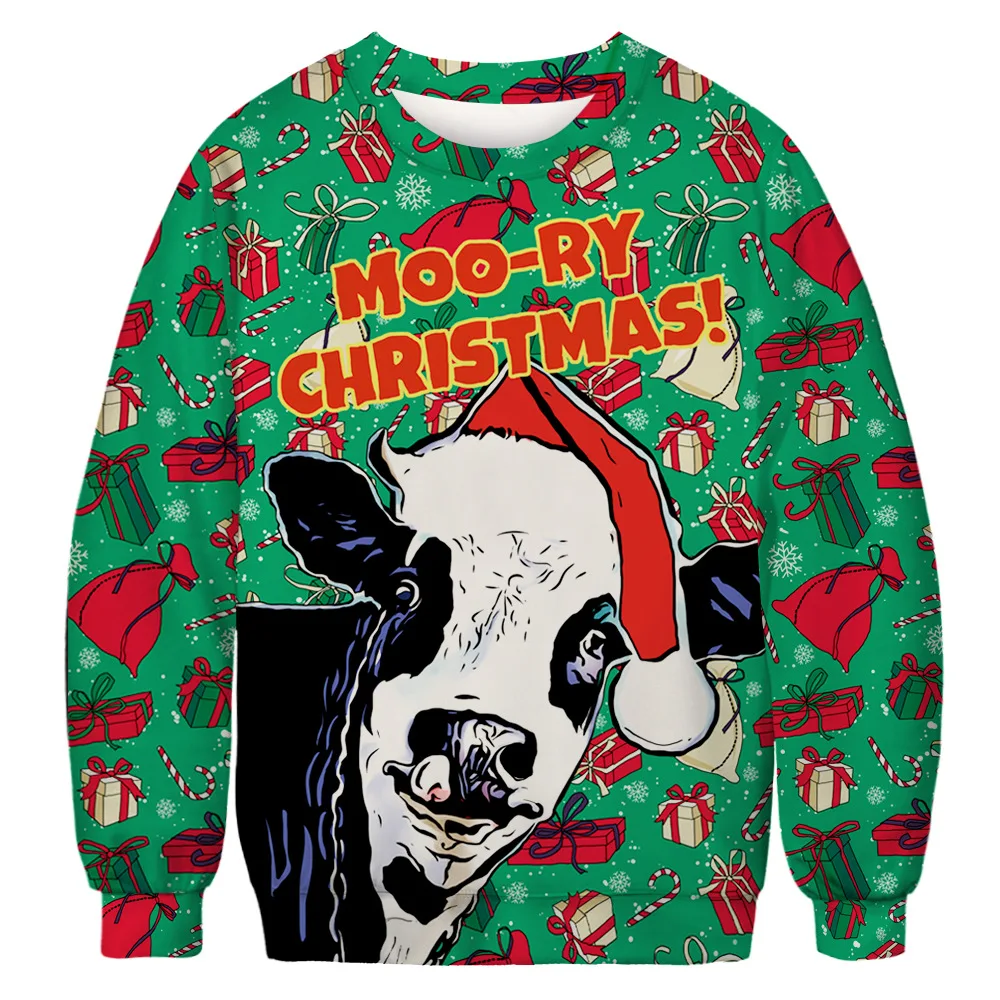 

Men Women Moo-ry Christams Trendy Cow Ugly Christmas Sweater 3D Funny Printed Xmas Sweatshirts Crew Neck Loose New Year Jumpers