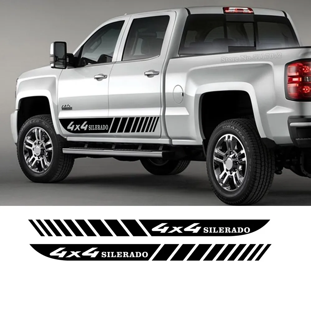 

2Pcs Car 4x4 Side Door Sticker Skirts Graphics Vinyl Stripes Racing Sport Long Big Decals For Chevrolet Silverado Accessories