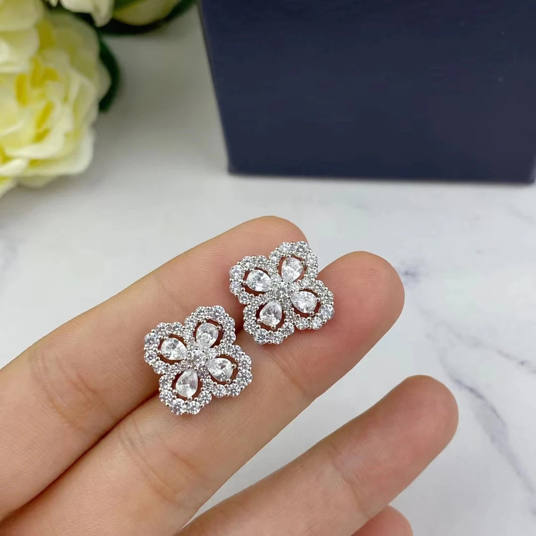 

925 Sterling Silver Petal Zircon Clover Lucky Flower Stud Earrings Women's Fashion Brand Luxury Banquet High Jewelry