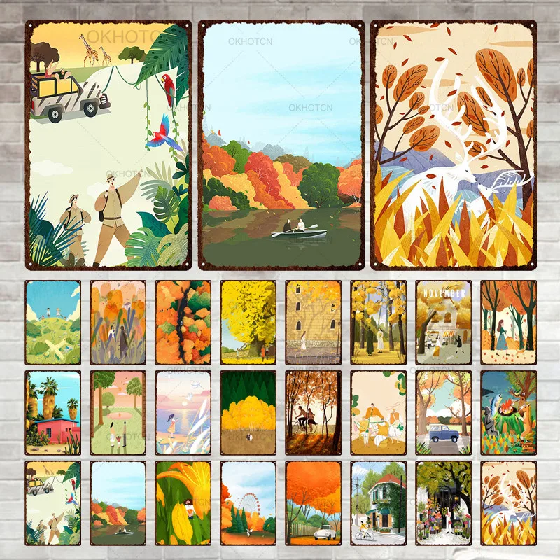 

Ноябрьский осенний пейзаж иллюстрация Железный Плакат Металлический жестяной знак винтажный скандинавский Настенный декор табличка иску...