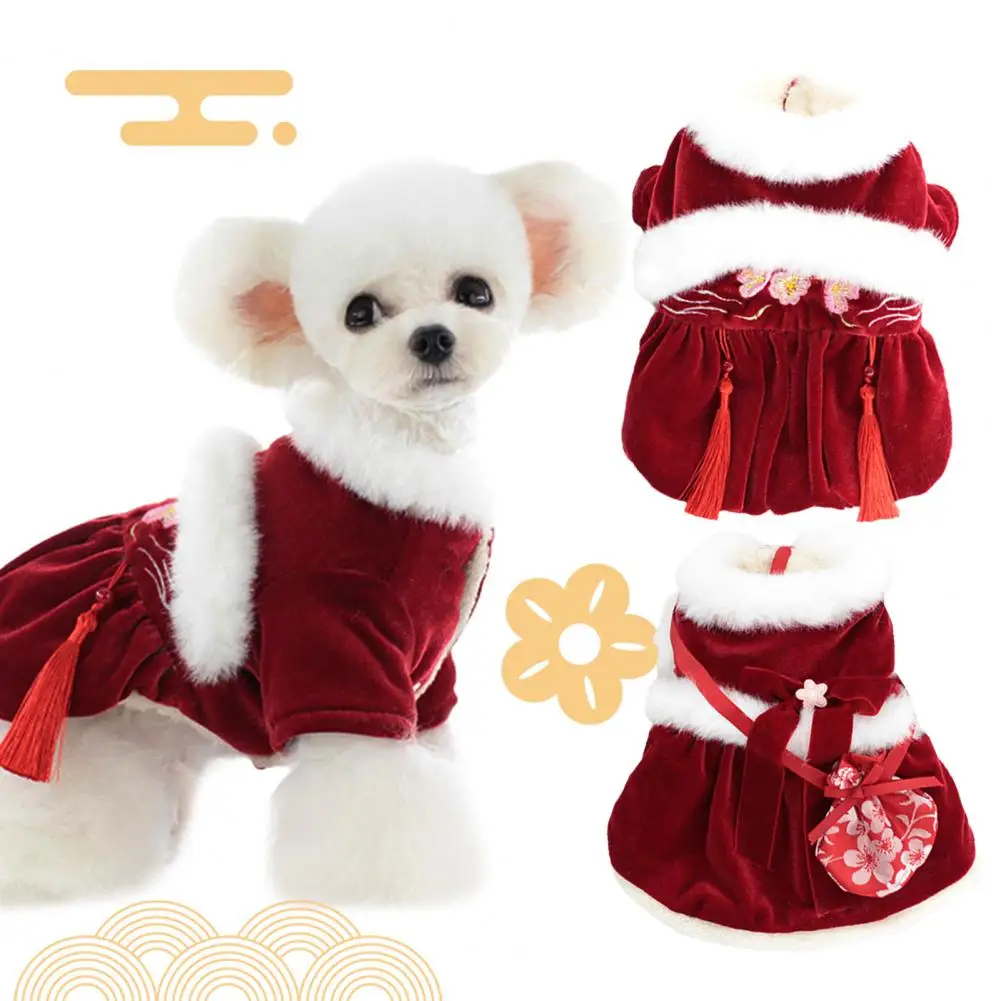 

Chinese Designer Pet Clothes Delicate Festive Print Tassel Fur Collar Velvet Tang Suit Dog Dress For New Year Christmas Cosplay