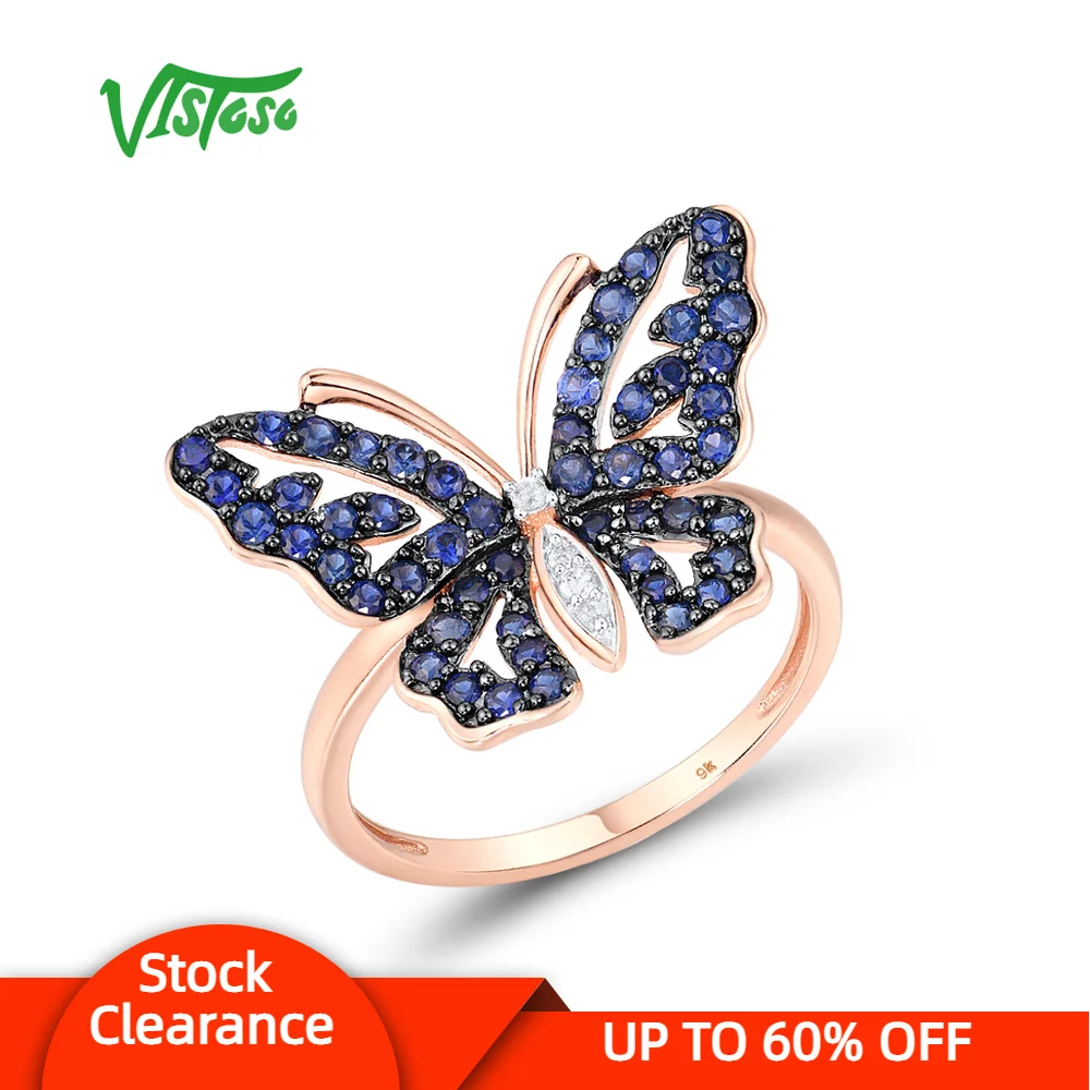 

VISTOSO Genuine 9K 375 Rose Gold Butterfly Rings For Lady lab Created Sapphire White Topaz Engagement Anniversary Fine Jewelry