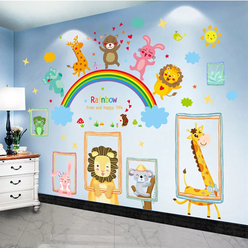 

[SHIJUEHEZI] Мультяшные Животные наклейки на стену DIY Лев Кролик Жираф лягушка роспись наклейки для детской комнаты Детская Спальня украшение для дома