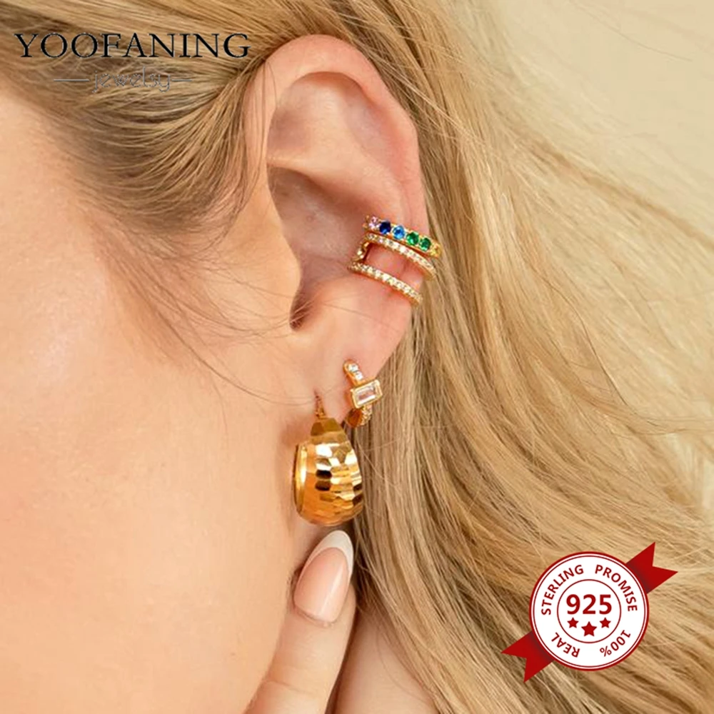 Фото Серьги-клипсы YOOFANING с позолотой 24k, серебряные, с разноцветными кристаллами циркона, простые, в стиле INS, С-образные, без прокола, оптом №4