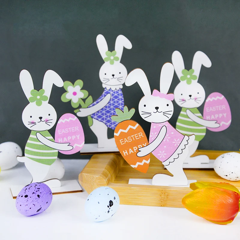 

3pcs Easter Happy Wooden Rabbit Ornament Cartoon 3D Stereoscopic Rabbit Eggs Carrot DIY Handicrafts Party Decoration Kids Gift