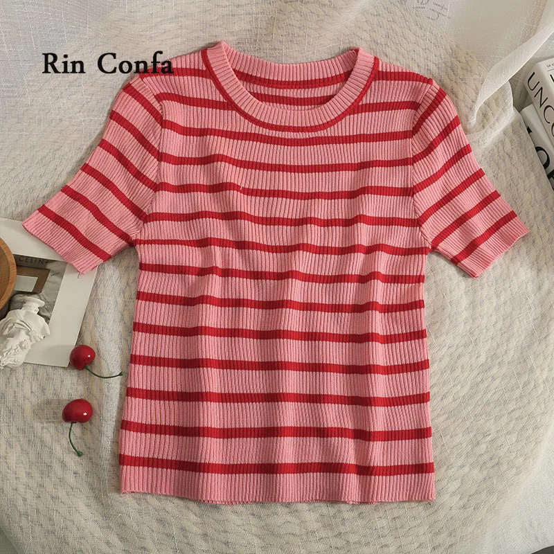 

Rin Confa Summer New Style Stripe Short Sleeves Top Women Chic Round Collar Thin T-Shirt Short Knitting All-Match Top