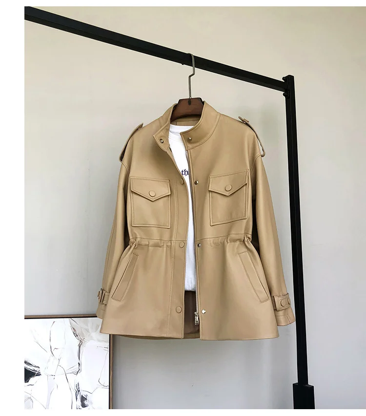 

2023 Autumn/Winter Fashion New Workwear Genuine Leather Coat Women's Mid length Small Waist Sheepskin Windbreaker Coat