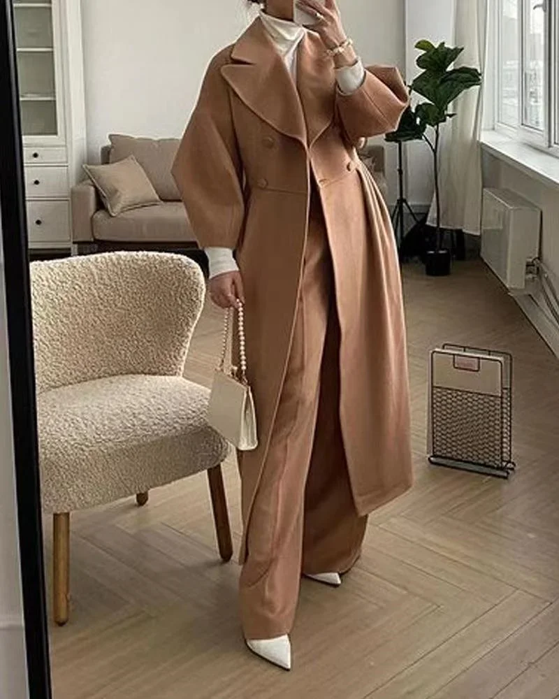 

Autumn Winter Thickened Tweed Coat Women Solid Color Simple Style Lantern Sleeve Outerwear Female Elegant Office Trench Peacoat