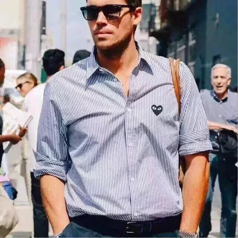 

Men's and women's cotton long-sleeved shirt lapel button plaid heart embroidery loose couple shirt