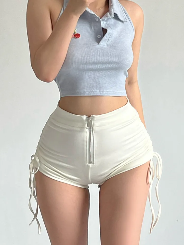 

WOMEGAGA French Ins Style Niche Design High Waist Folds Casual Straight Shorts Solid Color Side Drawstring Zipper Women's FN2E