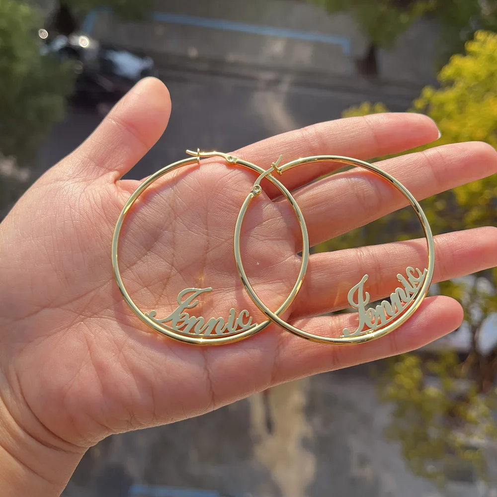 LW Custom Name Hoop Earrings Women Personalized Letters Stainless Steel Nameplate Circle Earring Gifts