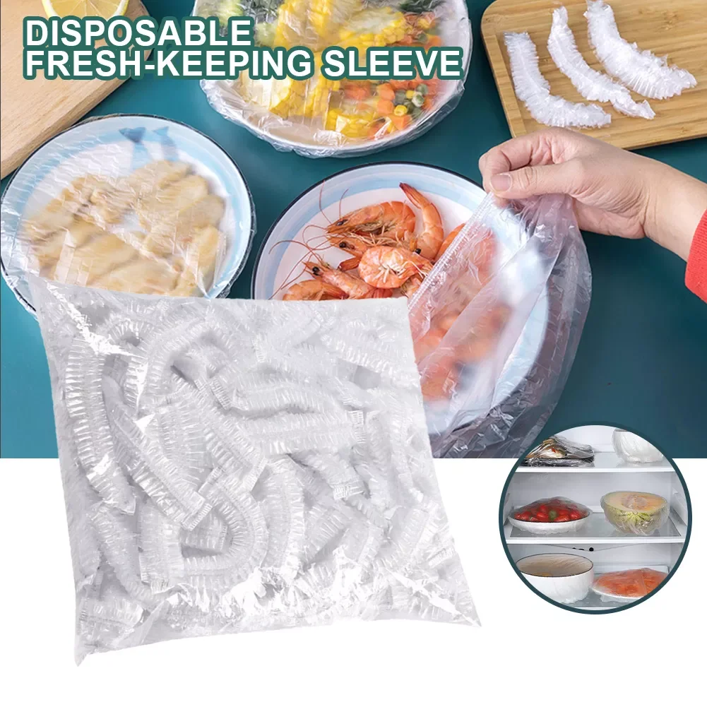

100pcs Disposable Food Cover Plastic Wrap Elastic Food Lids Storage Kitchen Fresh Keeping Saver Bag For Fruit Bowls Cups Caps
