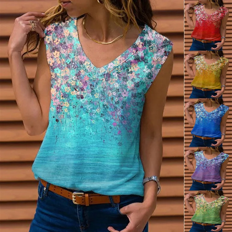 

Women's Fashion Summer V-neck Sleeveless Tops Casual Cotton Shirts Loose Blouse Ladies Vest Printing Tank Tops
