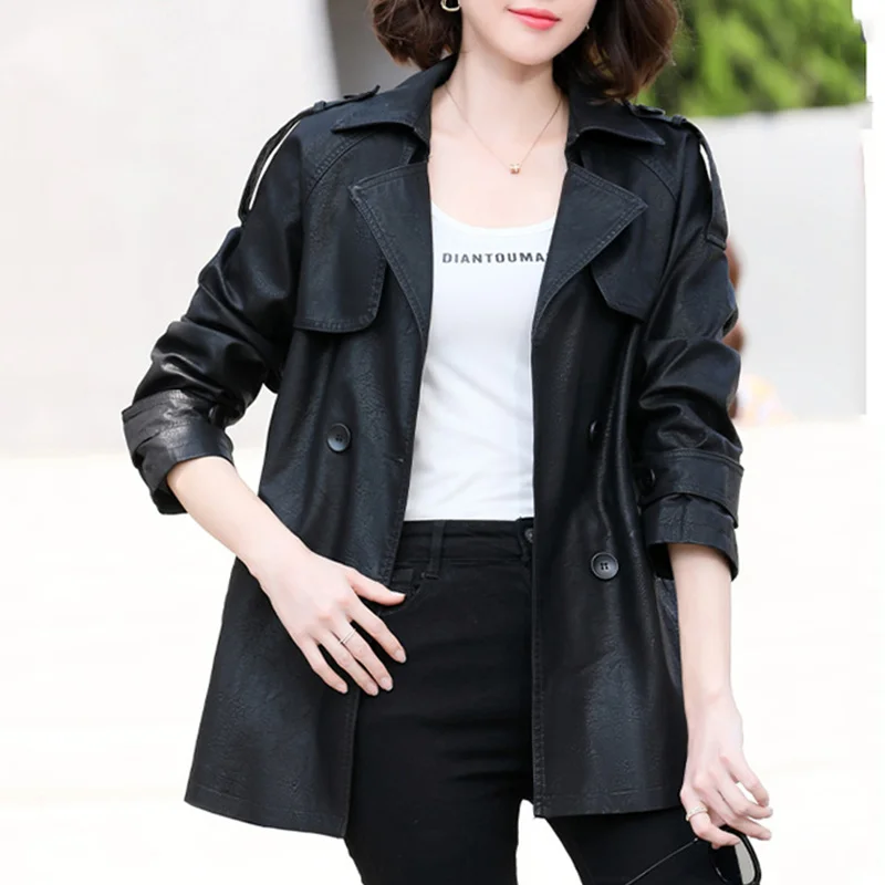 

2022 Sheepskin Trench Coat Women's Casual Medium Long Korean Double Waist Office Women's Genuine Leather Jacket
