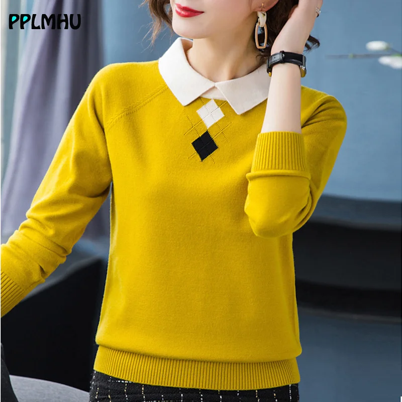 

Fashion Turn-down Collar slim knitted ladies sweaters Elegant warm long sleeve women's pullovers Korean patchwork color top