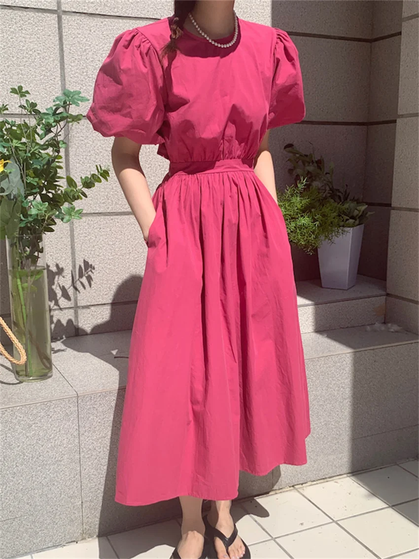 

Alien Kitty Puff Sleeve Women Backless Dress Solid New 2022 Summer Stylish Loose All Match High Street Casual OL Elegant Slim